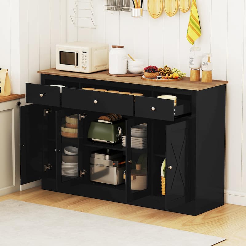 Black MDF and Engineered Wood Buffet Sideboard with Drawers and Cabinets - 55.5" × 16" × 35.5"