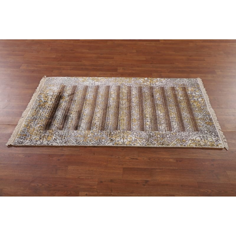 Striped Indo Abstract Oriental Accent Rug Handmade Wool Carpet - 2'8"x 4'10"