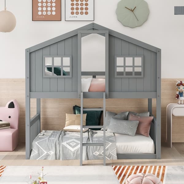 slide 2 of 42, Twin over Twin House Bunk Bed Wood Bed with Ladder Gray