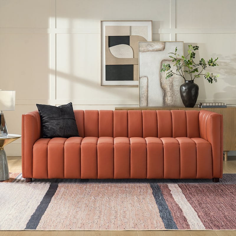 Olinto Modern 83-Inch Genuine Leather Tufted Couch Sofa with Channel Back by HULALA HOME