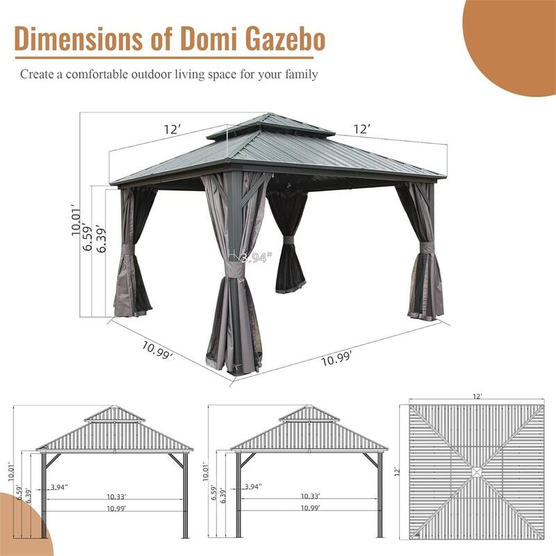 GDFStudio - Madison Outdoor Grove Hardtop Gazebo with Double Roof, Curtains & Netting