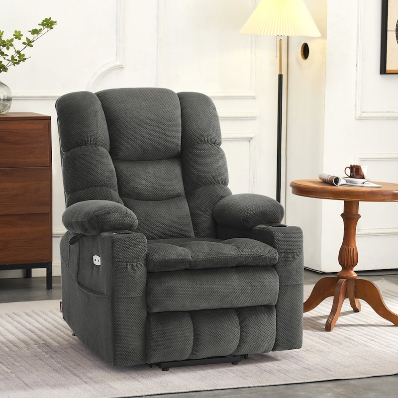 MCombo Large Dual Motor Power Lift Recliner Chair with Massage and Dual Heating for Big and Tall Elderly People, Fabric 7634 - Grey