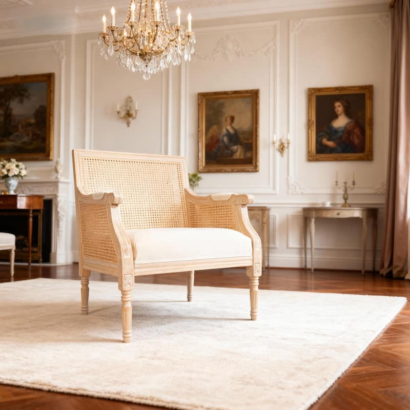 GDFStudio - Classic French Traditional Cotton Linen Upholstered Accent Armchair with Rattan Backrest & Contoured Armrests