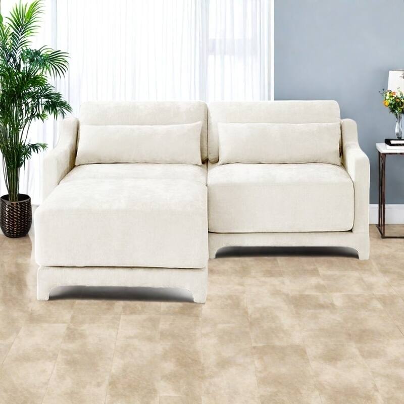 Modern Chenille 4-Seater Sofa with 2 Ottoman, Lumbar Cushions, Ergonomic Backrest, High-Resilience Spongeand Tufted Armrests - 2 Seater with Ottoman Beige
