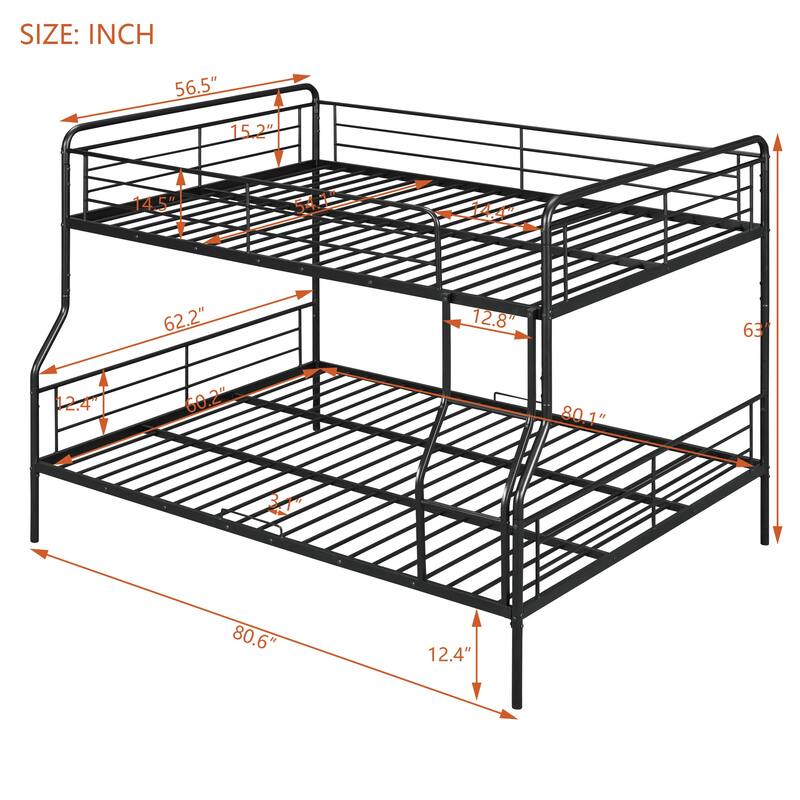 Full XL Over Black Queen Bunk Bed Heavy-Duty Metal Bunk Bed with Ladder & High Guardrail, Convertible into Two Beds