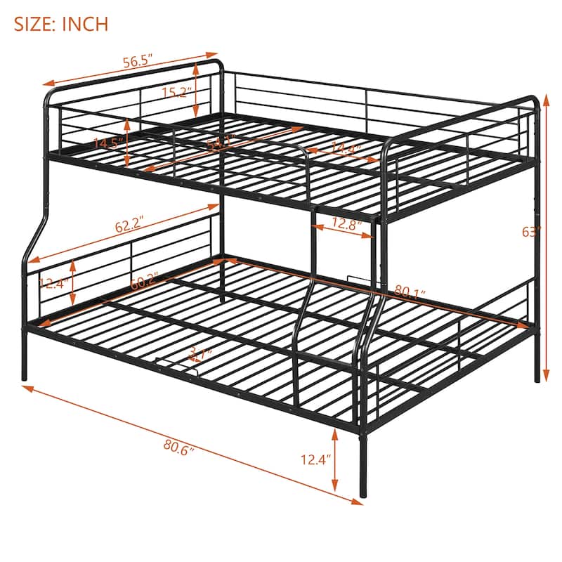 Full XL Over Queen Metal Bunk Bed Frame, Can be Split into 2 Beds, Streamlined Iron Crafted Frame