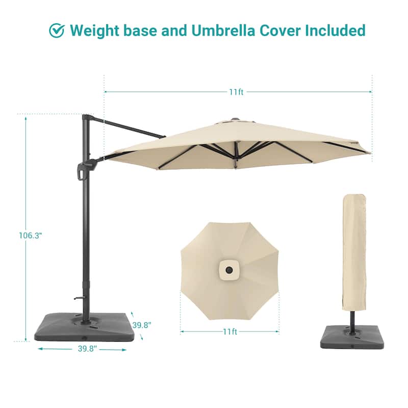 BONOSUKI Outdoor 11Ft UV Protection Patio Cantilever Umbrella w/Base