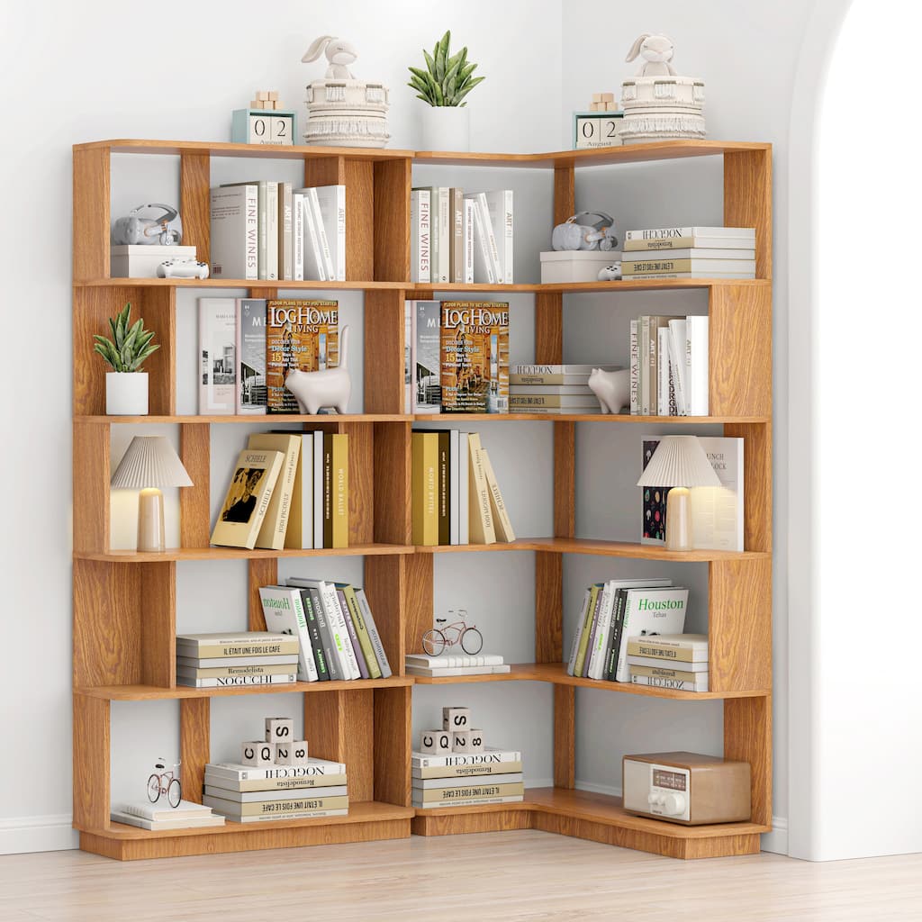 Set of 2 Modular Bookcase Set Wooden with Extended Corner Shelving and Customizable Open Storage by GDFStudio