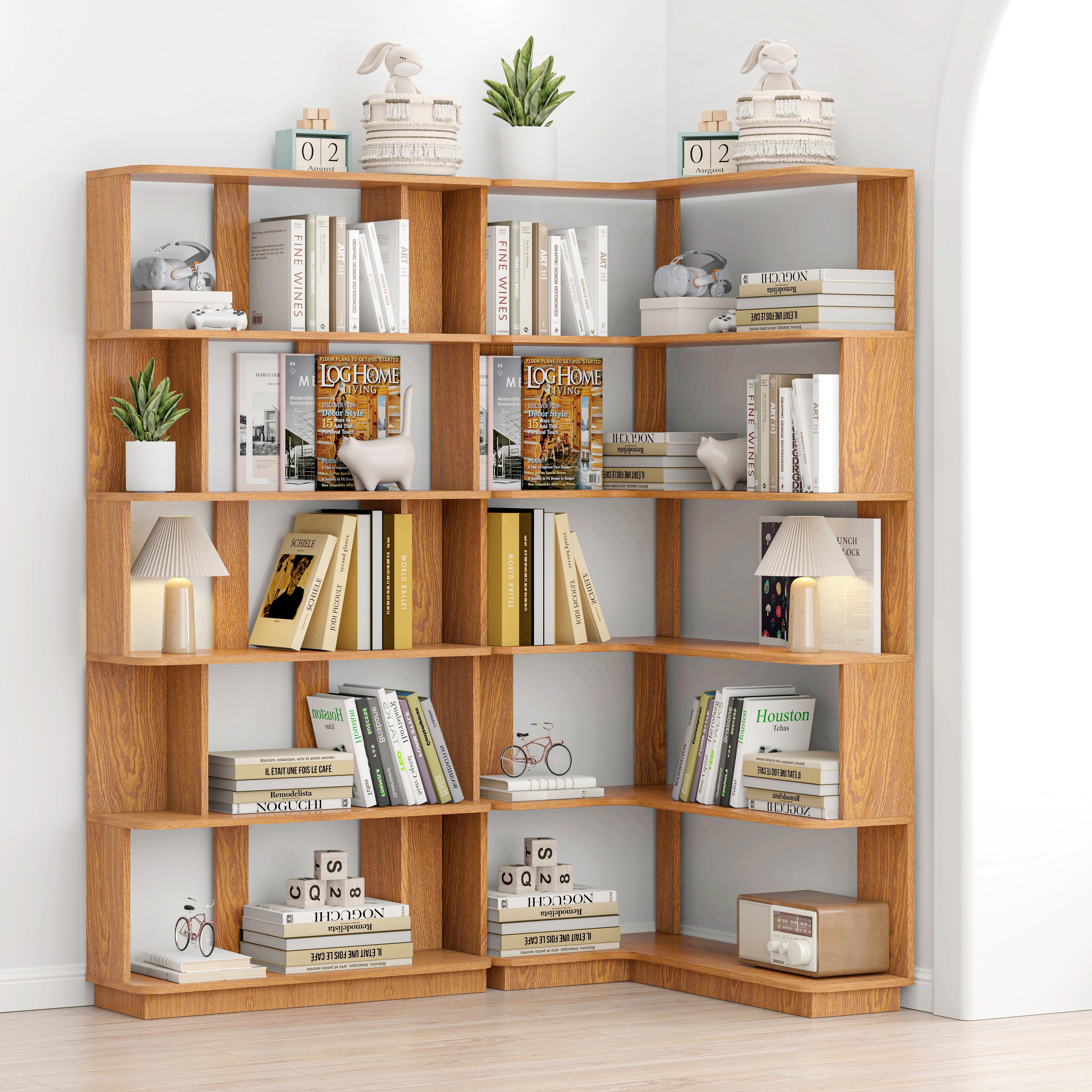 Set of 2 Modular Bookcase Set Wooden with Extended Corner Shelving and Customizable Open Storage by GDFStudio