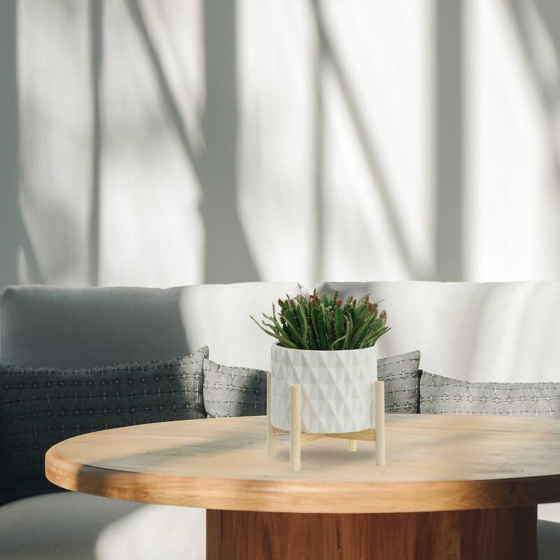Sagebrook Home Ceramic Planter on Pine Wood Stand - Enhance Your Living Space - Garden Chic Decor