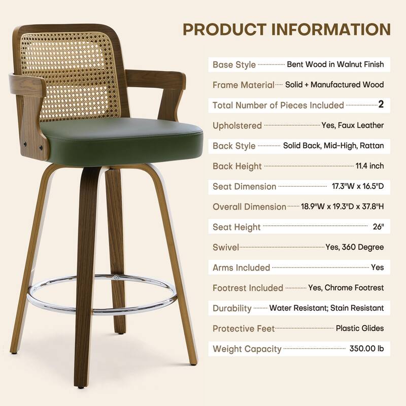Upholstered Swivel Barstool with Arms and Bentwood Legs - 40.8"H x 18.9"W x 19.5"D/19.3"D