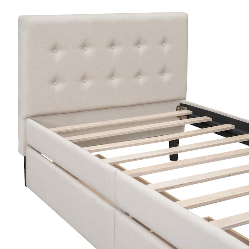 Beige Twin Upholstered Platform Bed with Button Tufted Headboard and Storage Drawers