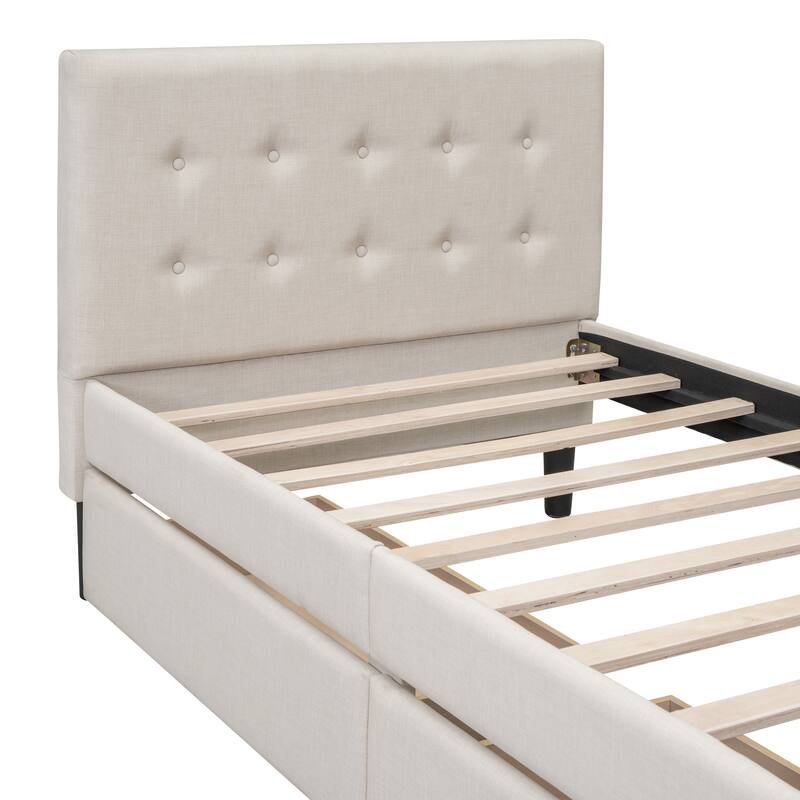 Twin Linen Platform Bed with Drawers & Tufted Headboard