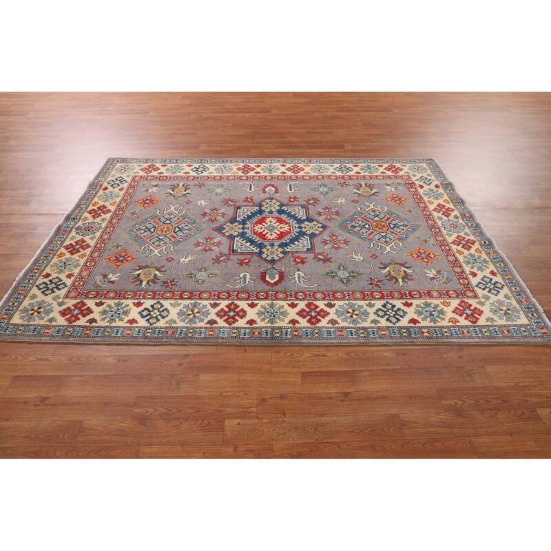 Gray Traditional / Geometric Kazak Rug Hand-Knotted Wool Carpet - 4'11" x 7'2"