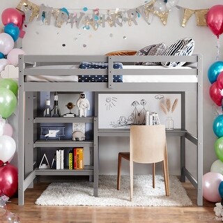 Full Size Wooden Loft Bed With Shelves,Desk and Writing Board,Solid Construction