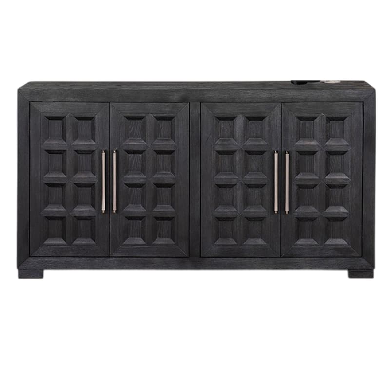 Kizie Sideboard Buffet Console 4 Doors and Shelves, Black Wood 66 Inch