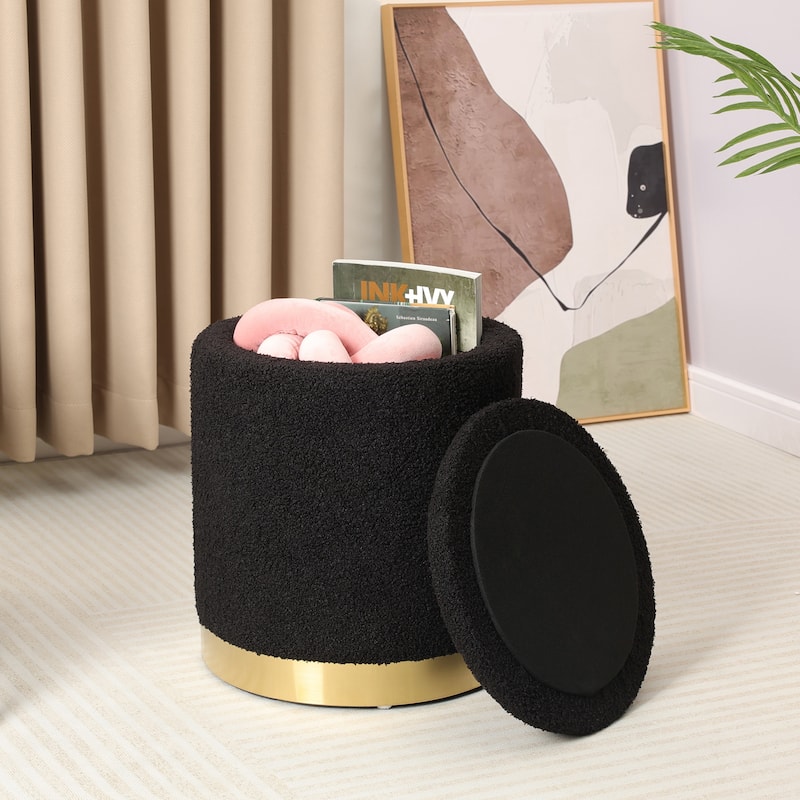 Adeco Velvet Round Storage Stool Gold Plating Base Storage Ottoman