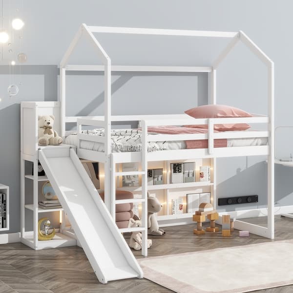 slide 2 of 15, White House Twin Size Loft Bed with Slide, Storage Shelves, Climbing Ramp, and Adjustable Light for Fun and Safety White