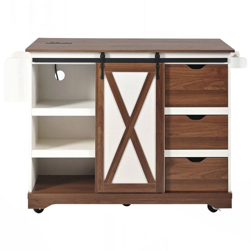 Farmhouse Kitchen Island with Drop Leaf, Kitchen Storage Island with Barn Door, Power Outlet, Rolling Kitchen Cart on Wheels