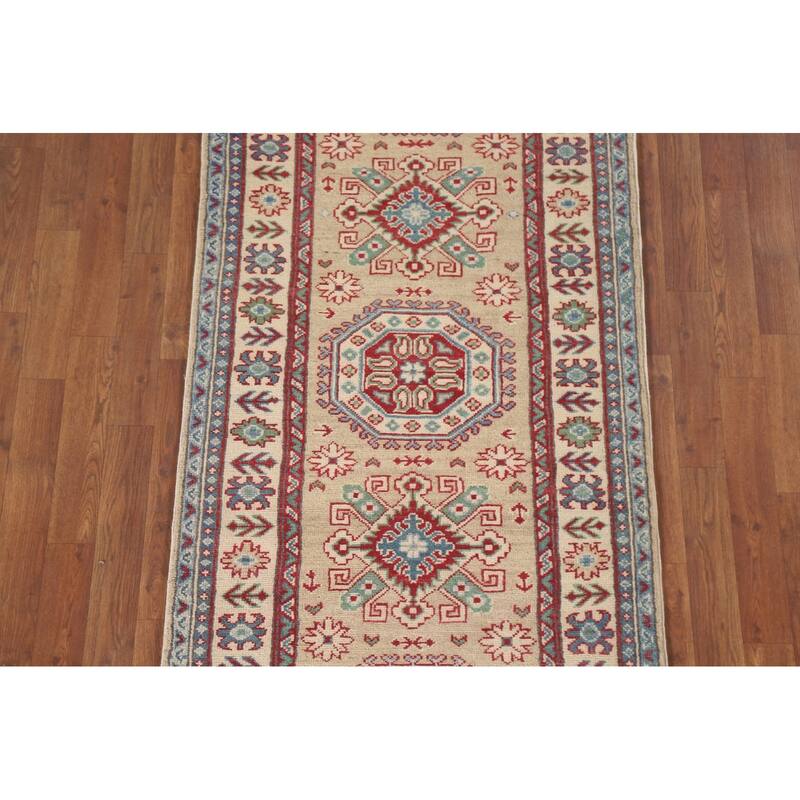 Hand Knotted Oriental 100% Wool Carpet Traditional Geometric Beige & Ivories Kazak Runner Rug - 12' 8'' X 2' 10''