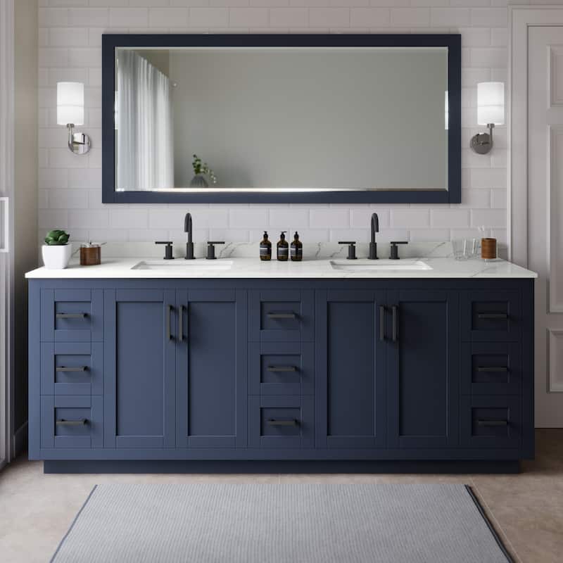 Wyndham Collection WCF292984D-QTZ-US3M70 Miranda 84" Free Standing - Dark Blue / Giotto Quartz Top / Matte Black