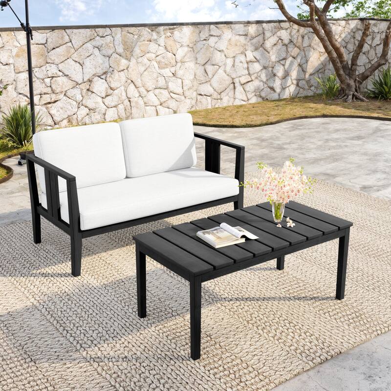 Teak Wood Water Resistant Outdoor Loveseat and Coffee Table Set (Set of 2)