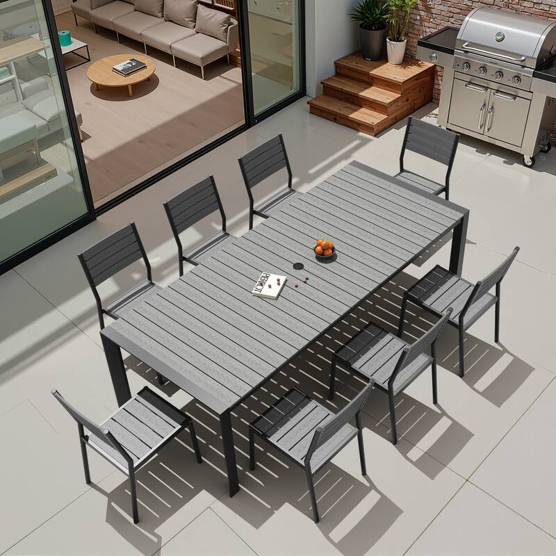 9-Piece Outdoor Patio Dining Set Wood Like Table Top Aluminum Rectangular Umbrella Hole Table with Stackable Dining Chairs