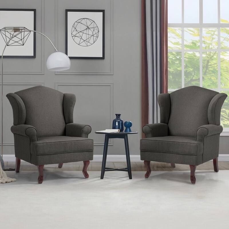 2 Set Modern Upholstery Wingback Accent Chair - Dark Grey/ Linen