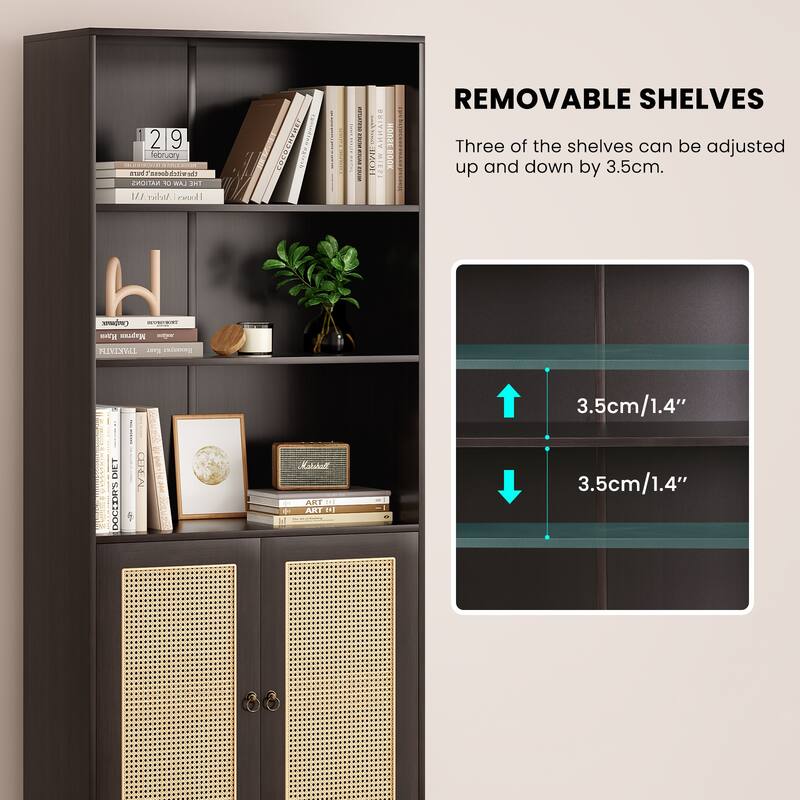 Tall Bookcase with Rattan Doors,5 Tier Storage Wood Shelves Large Bookshelf for Library Living Room Bedroom Home Office