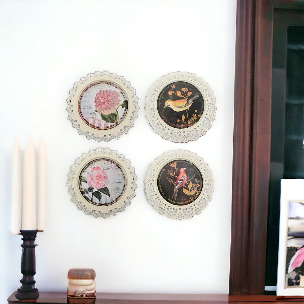 HomeRoots Set of Four 13" X 13" Brown and White Metal Bird Flower Wall Decor
