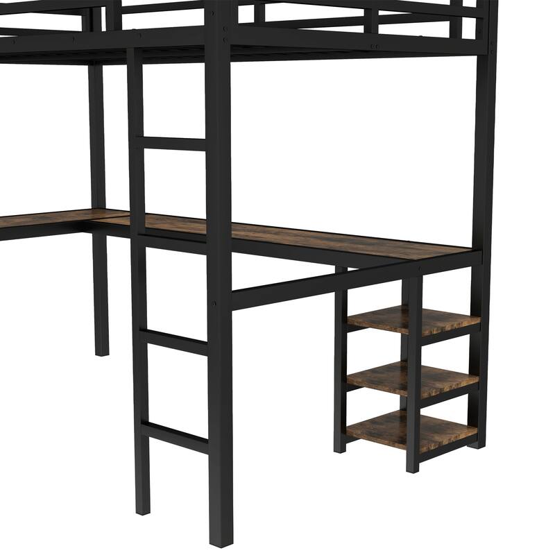 Roomfitters Twin XL Metal Loft Bed with L-Shaped Desk and Shelves, High Sleeper Workstation, Black