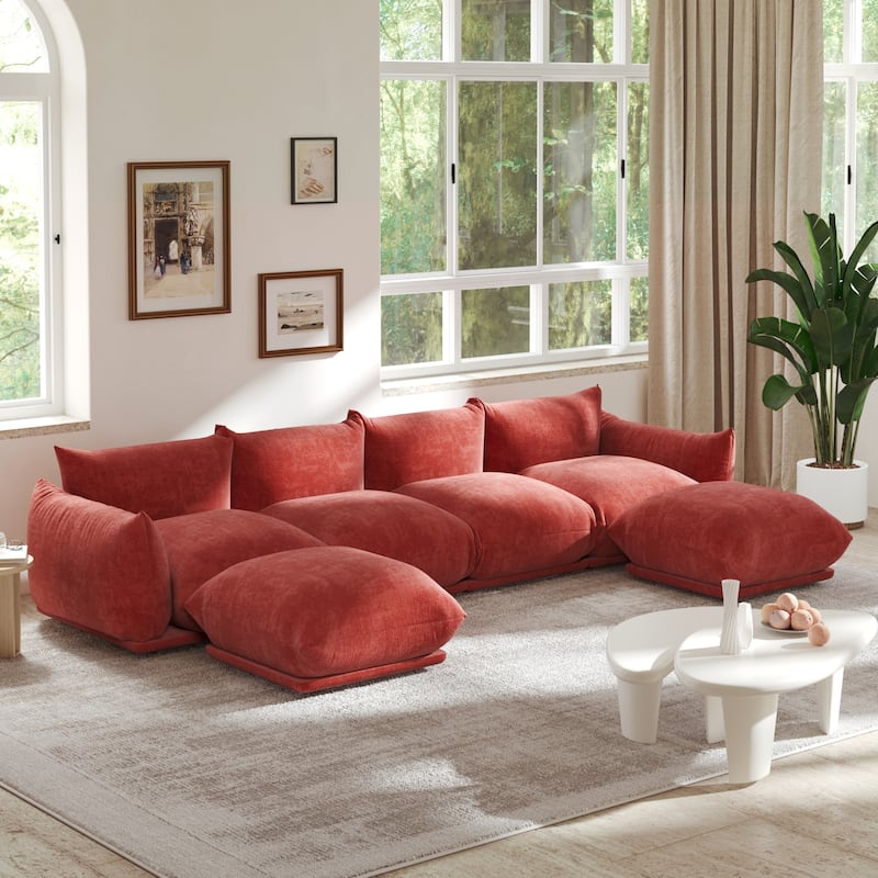 Chenille Fabric Sectional Sofa U-shaped 4-seats Sofa with 2 Ottomans - Orange
