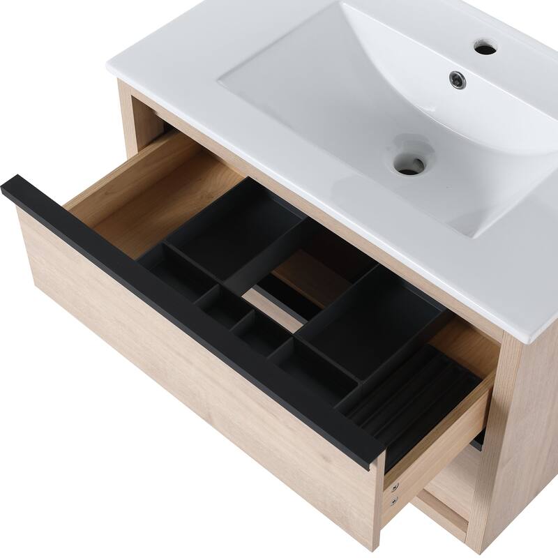 Wall-Mounted Plywood Bathroom Vanity Set in Plain Light Oak with Integrated Sink