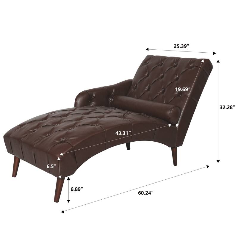 Faux Leather Chaise Lounge Chair with Pillow and Solid Wood Legs, Tufted Upholstered Accent Lounge Chair with Arm