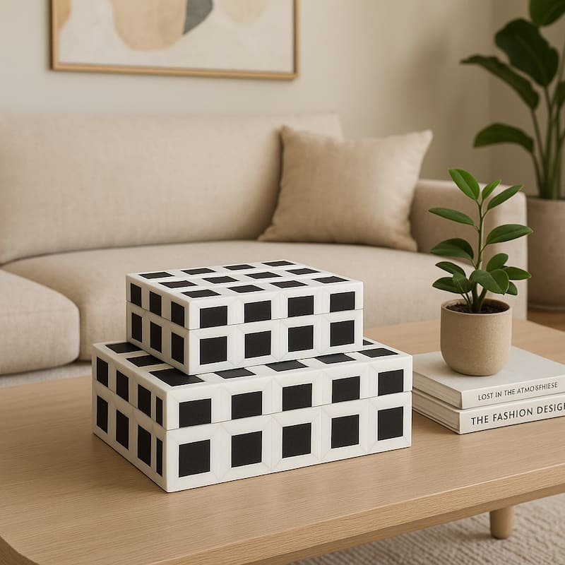 Decorative Checkered Pattern Box with Lid - Set of 2, 10", 12" White - 12.25"