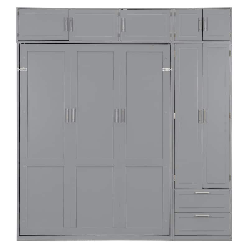 Foldable Platform Bed Queen Size Wall Murphy Bed with Top Cabinet, Shelves, Drawers and Wardrobe for Apartments, Guest Rooms