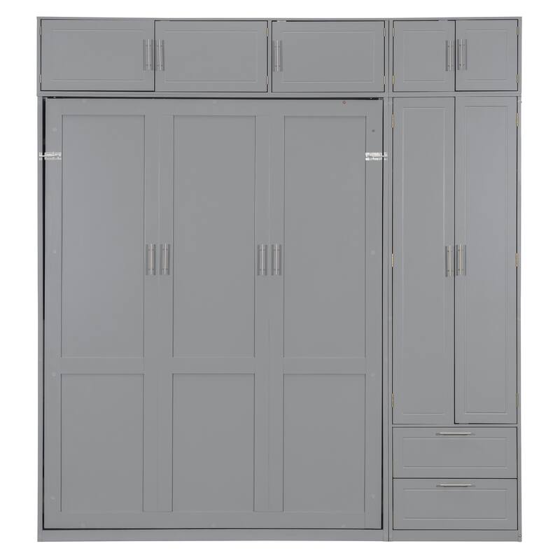 Queen Size Murphy Bed with Cabinet & Wardrobe - Space Saving Wall Bed with Shelves, Foldable Bed for Small Rooms & Home Office