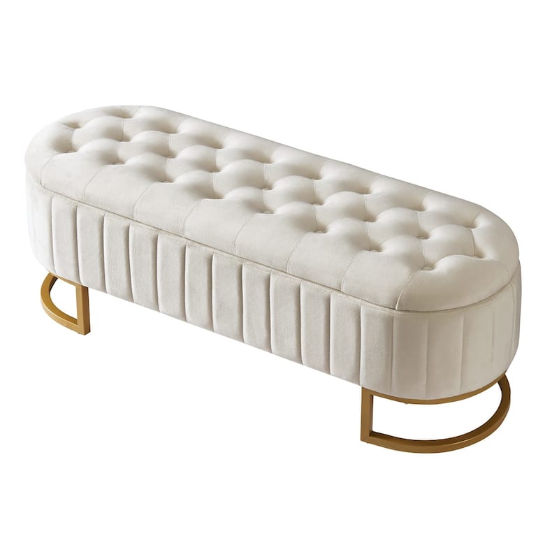Elegant Upholstered Velvet Storage Ottoman with Button-Tufted,Storage Bench with Metal Legs for Bedroom,Living Room