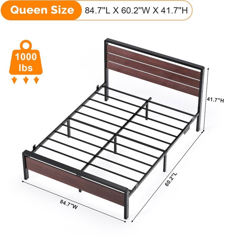 Bed Frame with LED Light and Charging Station, Metal Platform Bed with Wood Headboard