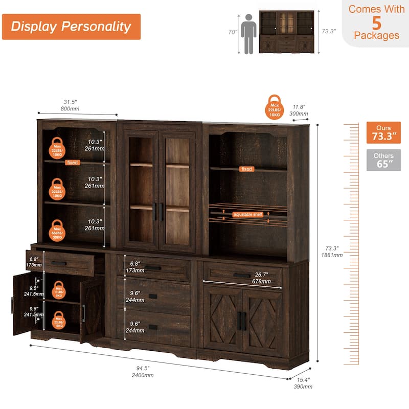 3-Column 73.3" Tall Bookshelf Set with Open Storage and Glass Doors