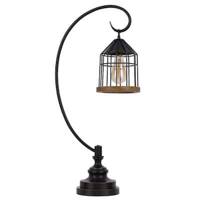 60W Valparaiso downbridge metal table lamp with lantern style metal and pine wood shade