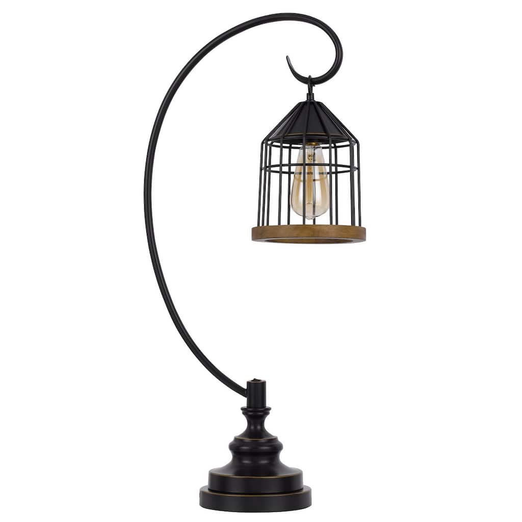 60W Valparaiso downbridge metal table lamp with lantern style metal and pine wood shade