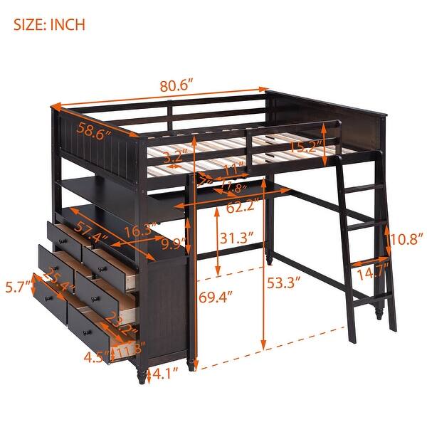 dimension image slide 1 of 3, Full size Loft Bed with Drawers, Built-in Desk and Shelves, Espresso