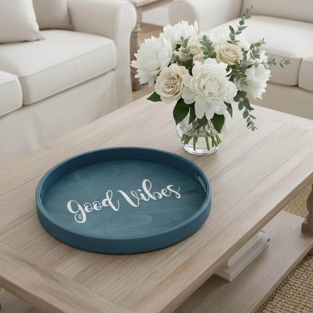 HomeRoots 14" Teal Blue And White Good Vibes Round Serving Tray With Handles - 13.75 in. x 1.65 in. x 13.75 in.