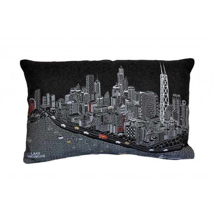 25" Black Chicago Nighttime Skyline Lumbar Decorative Pillow