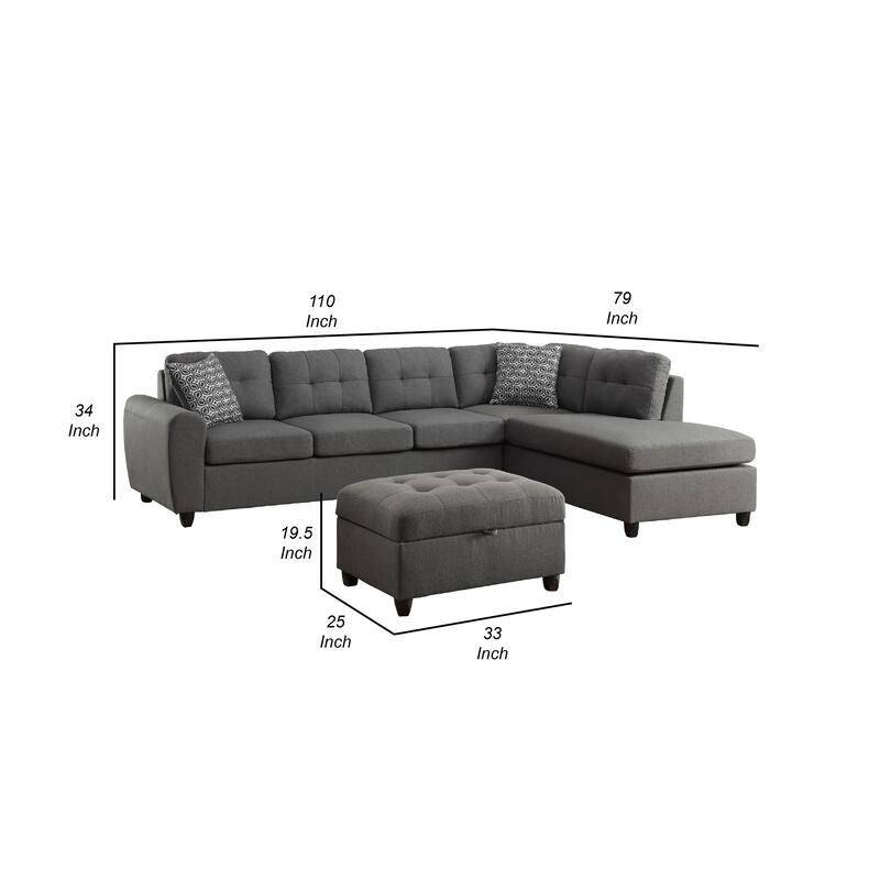 Esse Sectional Chaise Sofa with Storage Ottoman, 2 Accent Pillows, Gray