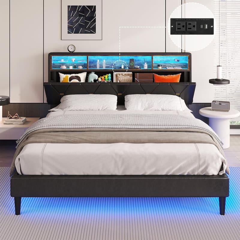 Bed Frame Storage Headboard RGB LED Lights Upholstered Platform
