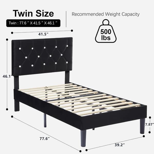 dimension image slide 2 of 6, VECELO Upholstered Kids Bed Frame with Diamond Tufted Headoard,Twin Size Bed Set of 2