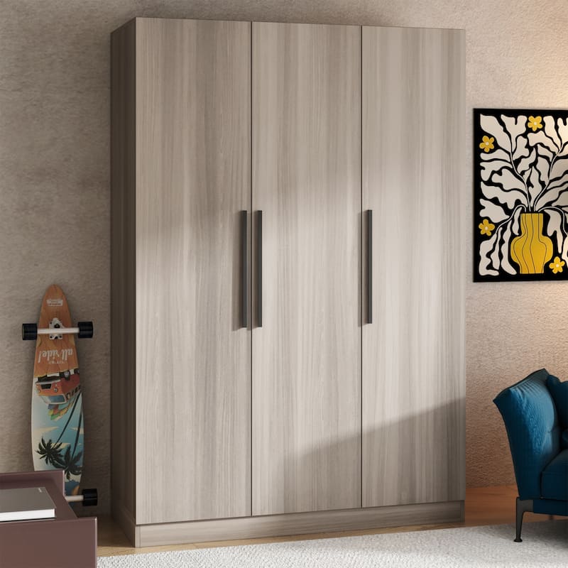Wardrobe Armoire Wooden Closet Cabinet 6 Storage Cube and Hanging Rod - Grey Wood