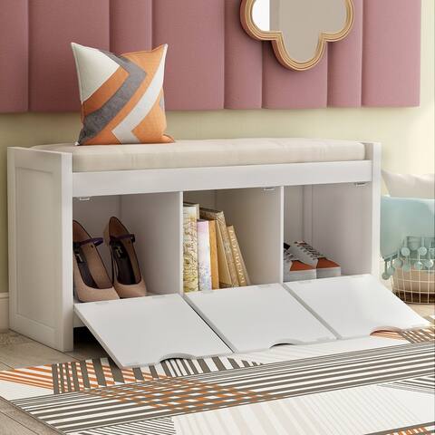 Storage Bench with Removale Cushion and 3 Flip Lock Storage Cubbies for Living Room Entryway White
